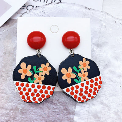 Acrylic Resin Leaf Floral Heart Embossed Print Earrings