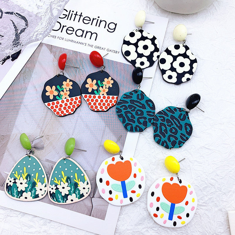 Acrylic Resin Leaf Floral Heart Embossed Print Earrings