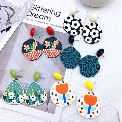 Acrylic Resin Leaf Floral Heart Embossed Print Earrings
