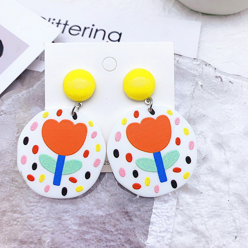 Acrylic Resin Leaf Floral Heart Embossed Print Earrings