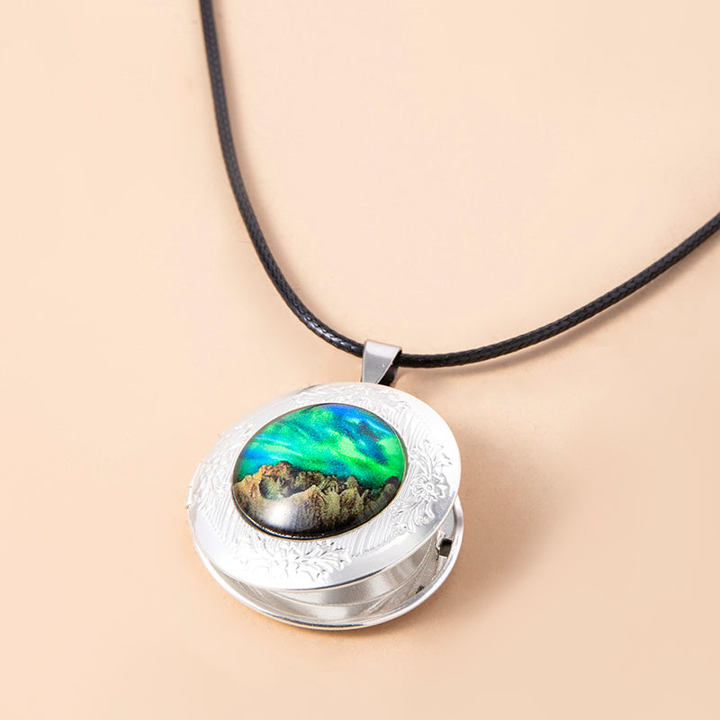 Nebula Aurora Mountain Locket Necklace Vintage Glass Photo Frame Pendant Necklaces