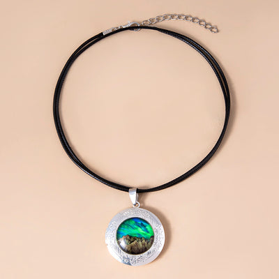 Nebula Aurora Mountain Locket Necklace Vintage Glass Photo Frame Pendant Necklaces