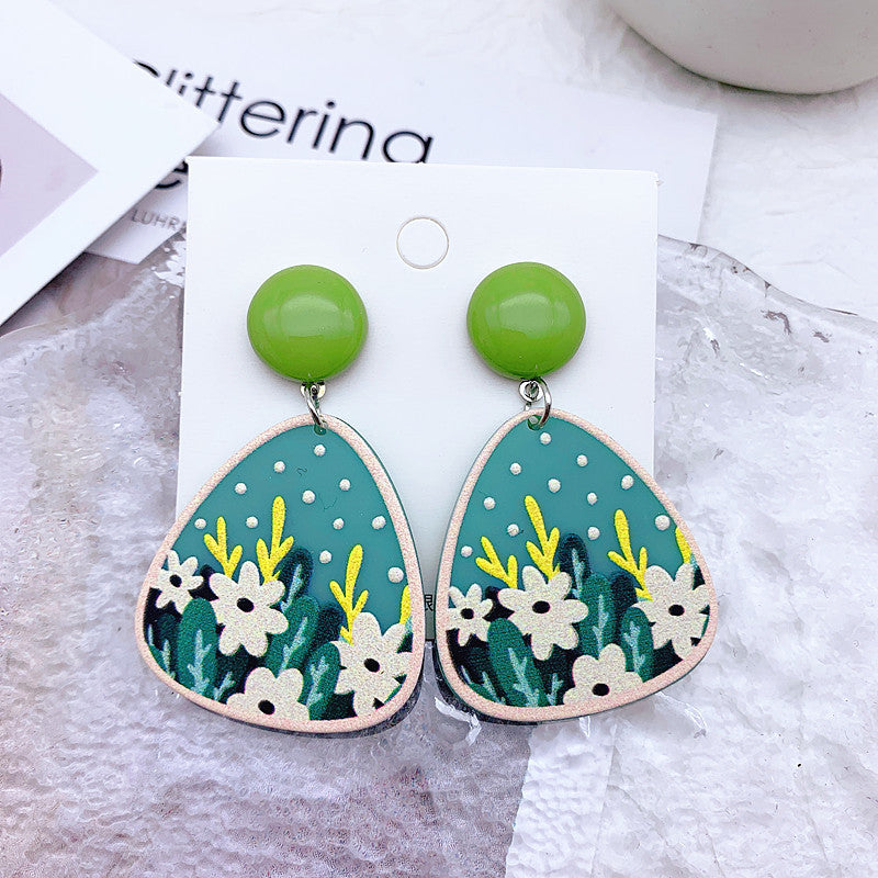 Acrylic Resin Leaf Floral Heart Embossed Print Earrings